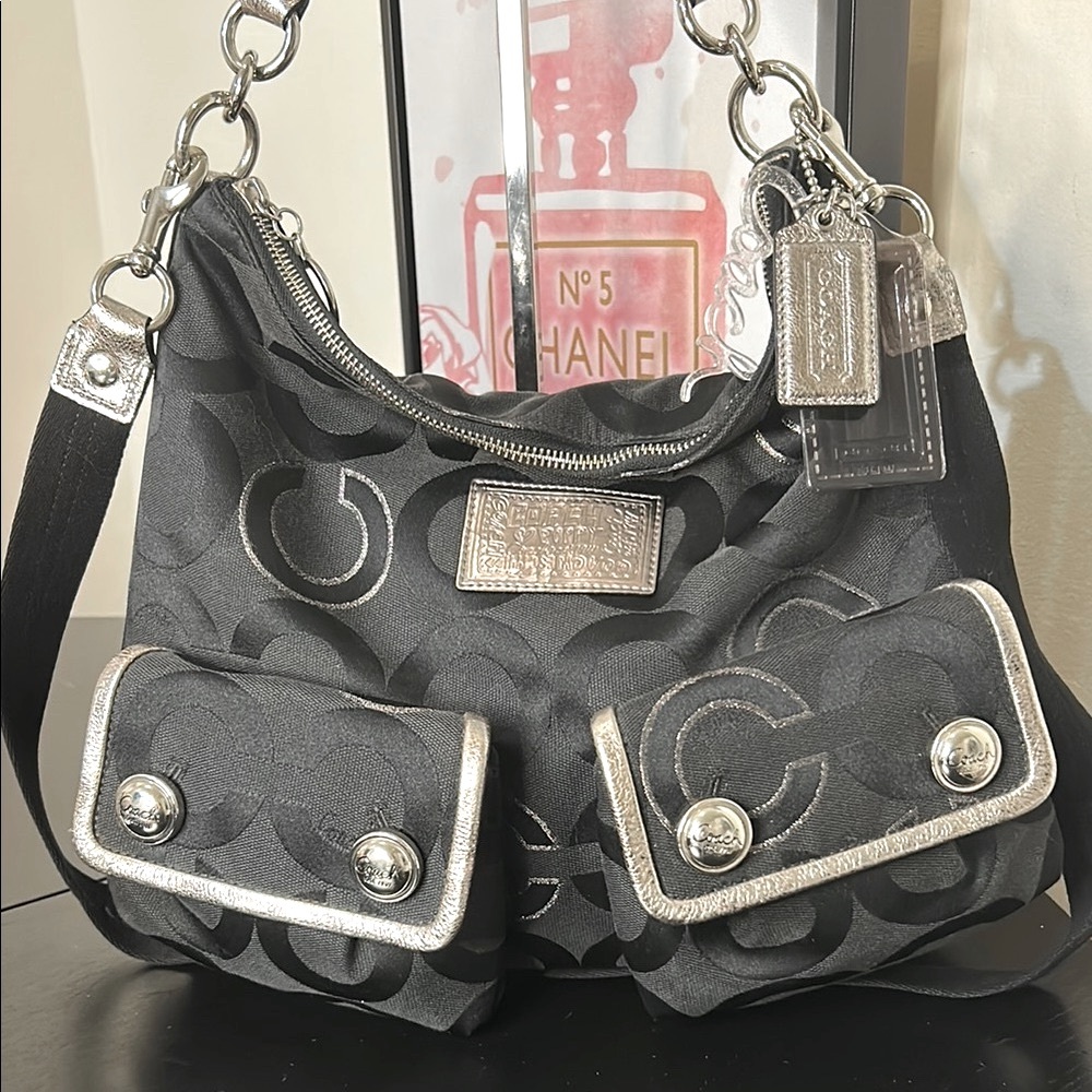 Coach Poppy Signature Sateen Pocket Hobo Black and Silver Shoulder Bag